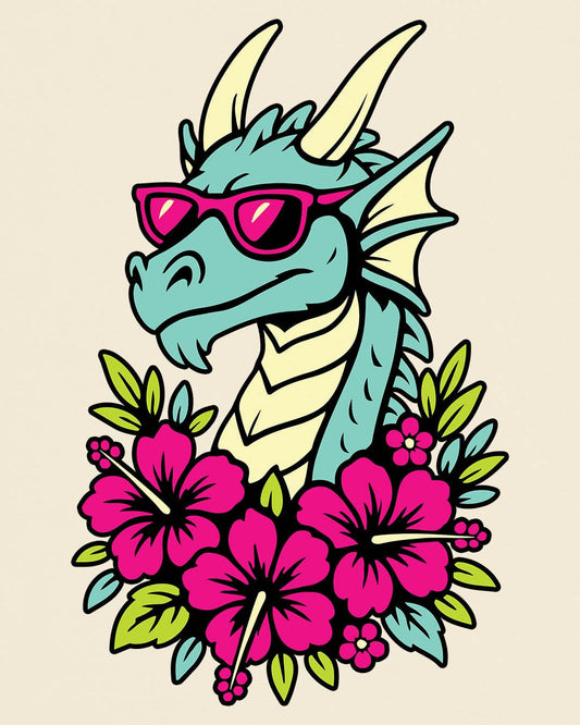 Tropical Radness shirt in natural, featuring a cool dragon in shades surrounded by vibrant pink hibiscus flowers.