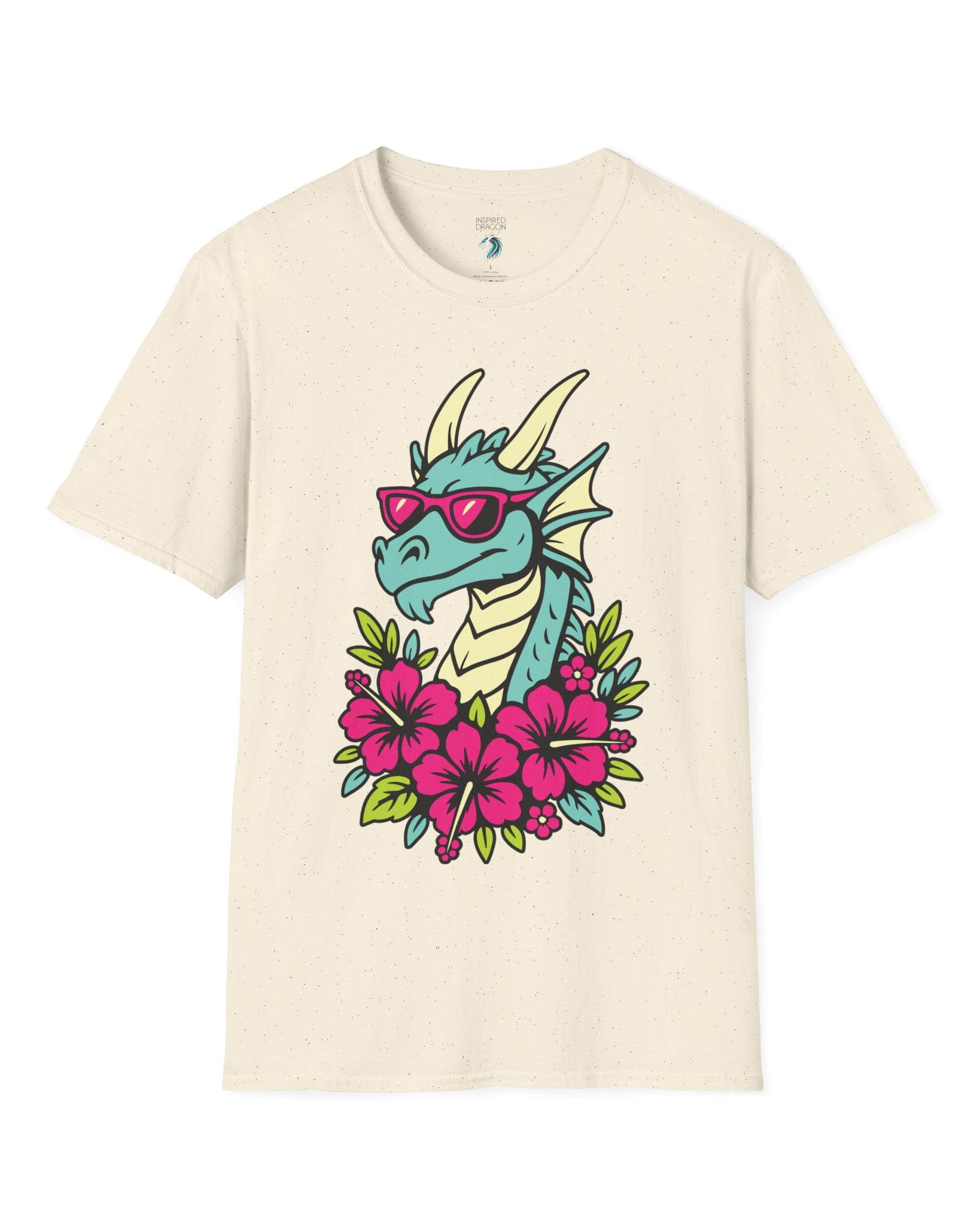 Tropical Radness shirt in natural, featuring a cool dragon in shades surrounded by vibrant pink hibiscus flowers.