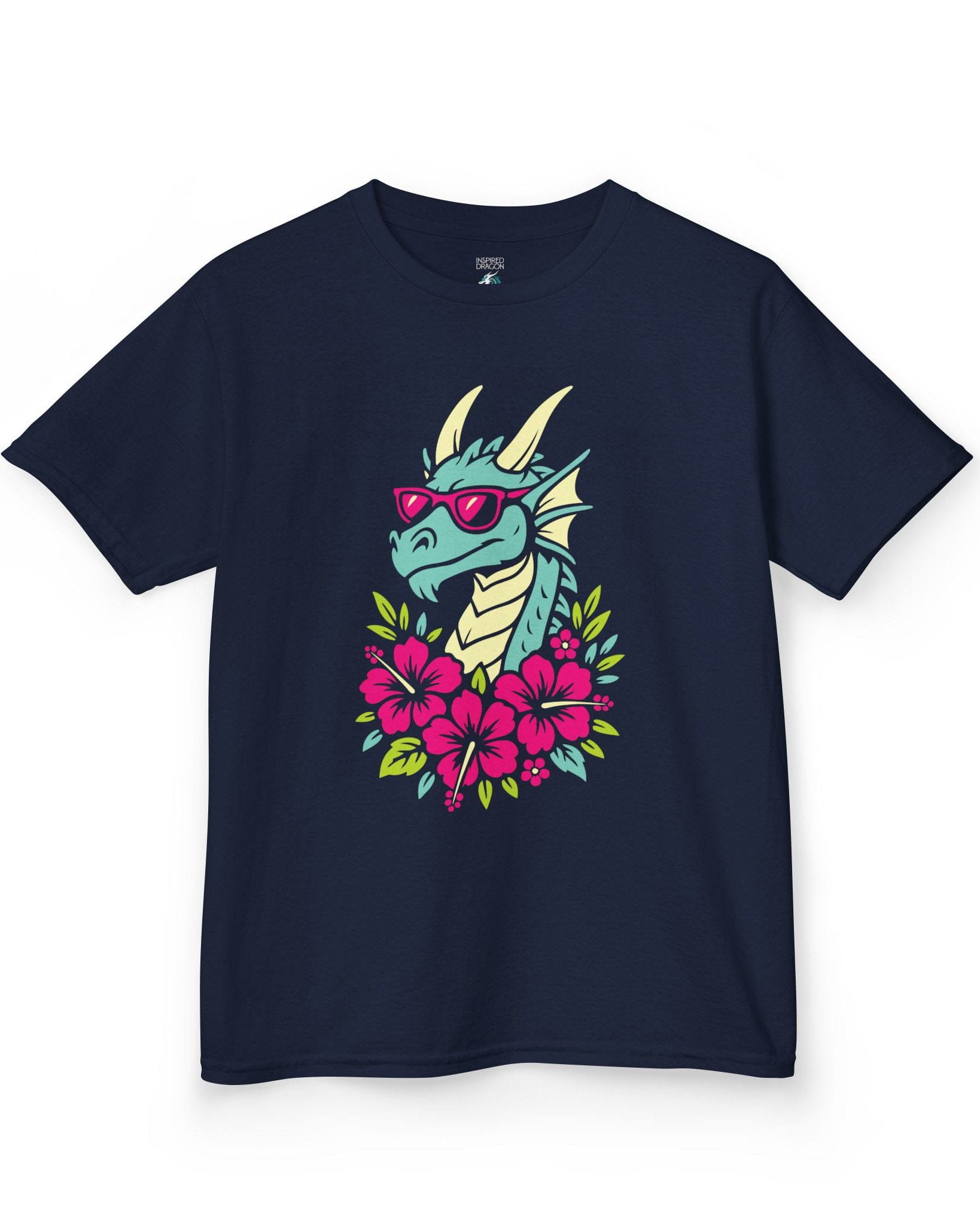 Tropical Radness shirt in navy, featuring a cool dragon in shades surrounded by vibrant pink hibiscus flowers.