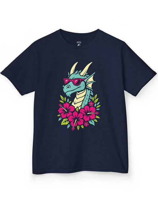 Tropical Radness shirt in navy, featuring a cool dragon in shades surrounded by vibrant pink hibiscus flowers.