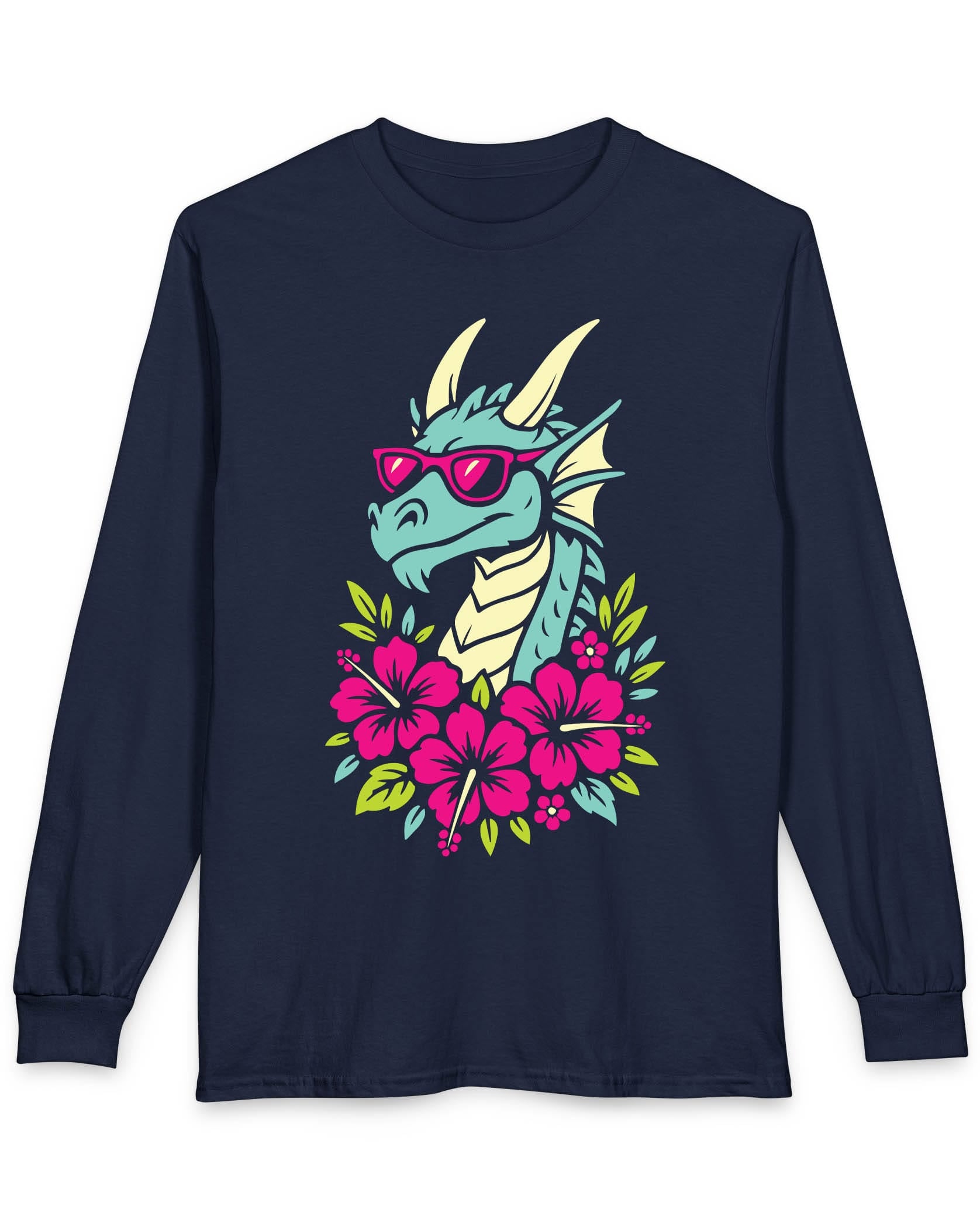 Tropical Radness shirt in navy featuring a cool dragon in shades surrounded by vibrant pink hibiscus flowers