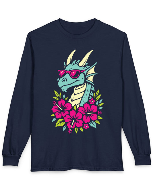 Tropical Radness shirt in navy featuring a cool dragon in shades surrounded by vibrant pink hibiscus flowers