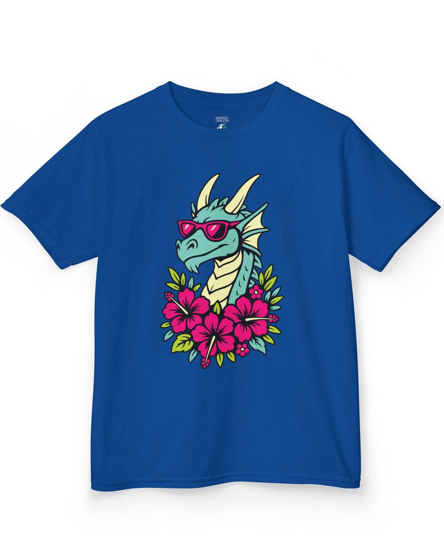 Tropical Radness shirt in royal blue, featuring a cool dragon in shades surrounded by vibrant pink hibiscus flowers.
