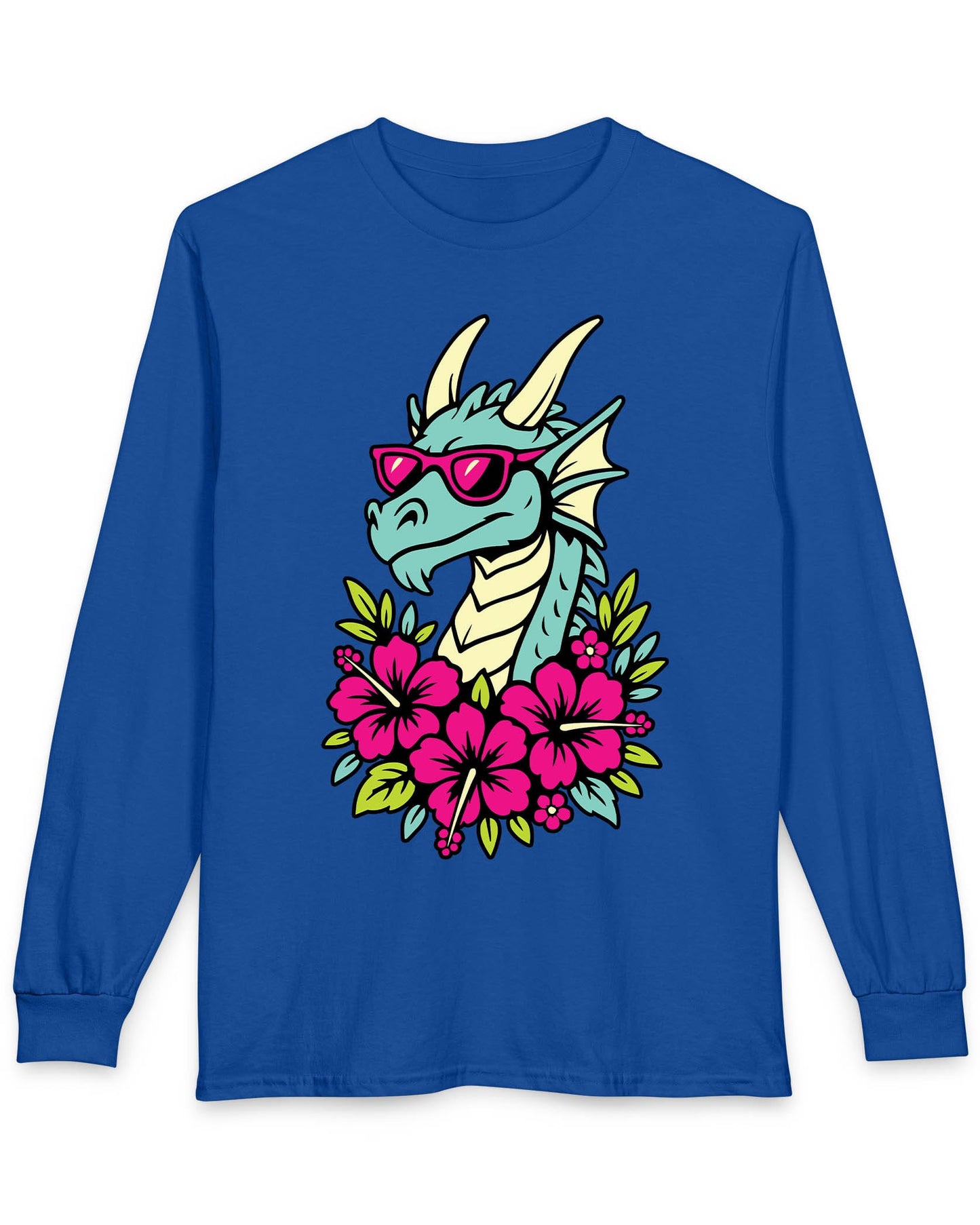 Tropical Radness shirt in royal blue featuring a cool dragon in shades surrounded by vibrant pink hibiscus flowers