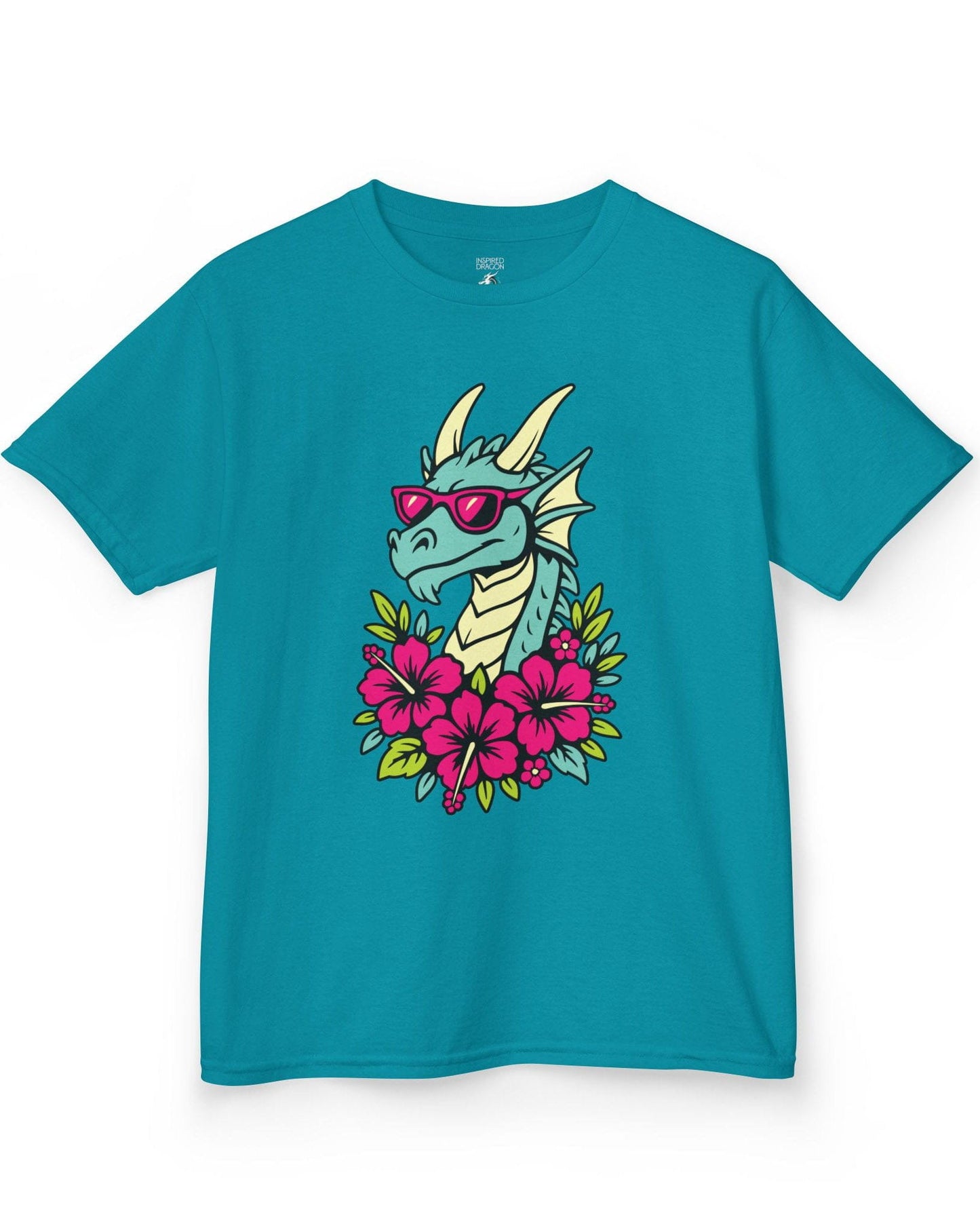 Tropical Radness shirt in tropical blue, featuring a cool dragon in shades surrounded by vibrant pink hibiscus flowers.