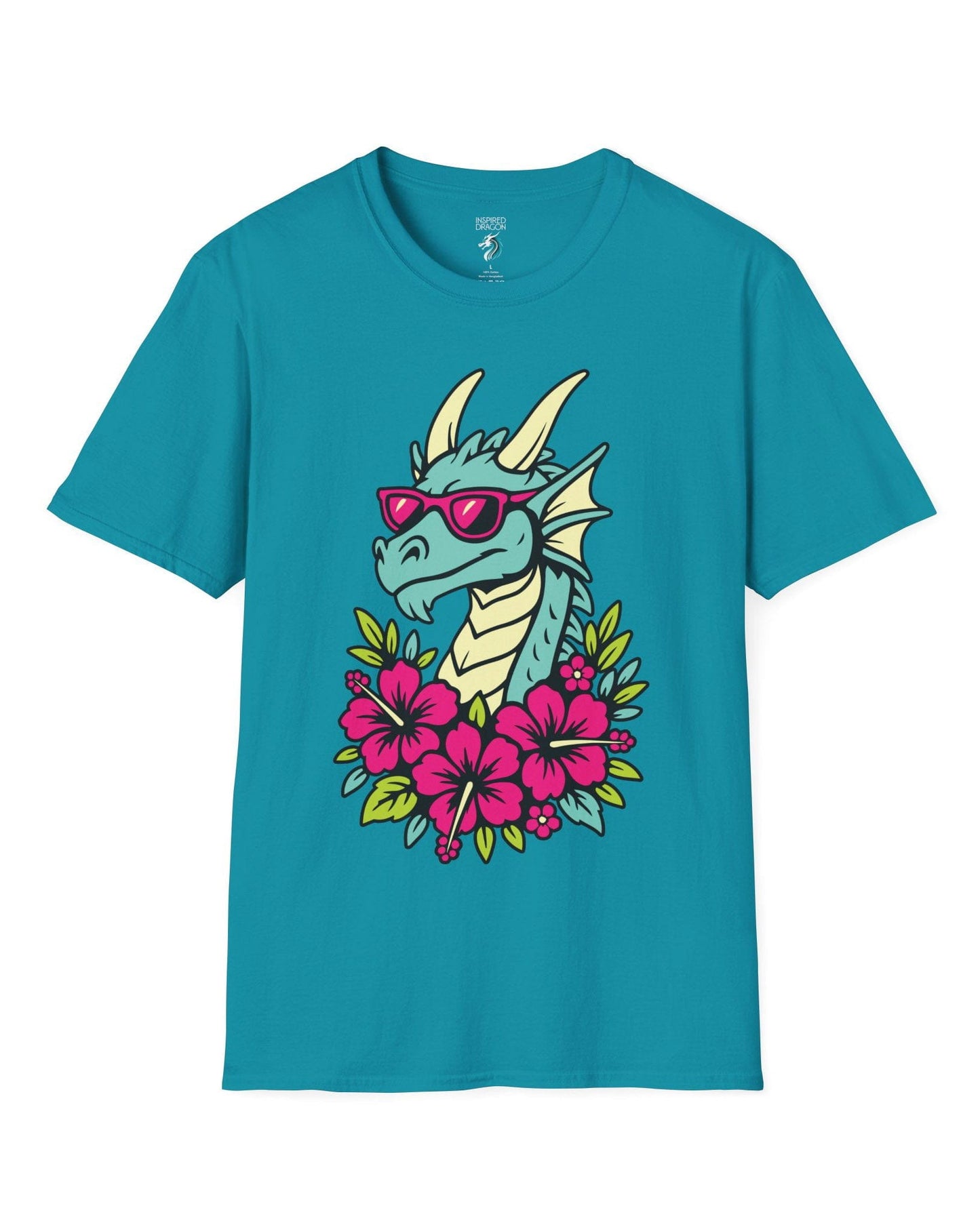 Tropical Radness shirt in tropical blue, featuring a cool dragon in shades surrounded by vibrant pink hibiscus flowers.