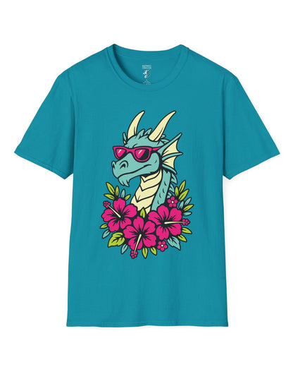 Tropical Radness shirt in tropical blue, featuring a cool dragon in shades surrounded by vibrant pink hibiscus flowers.