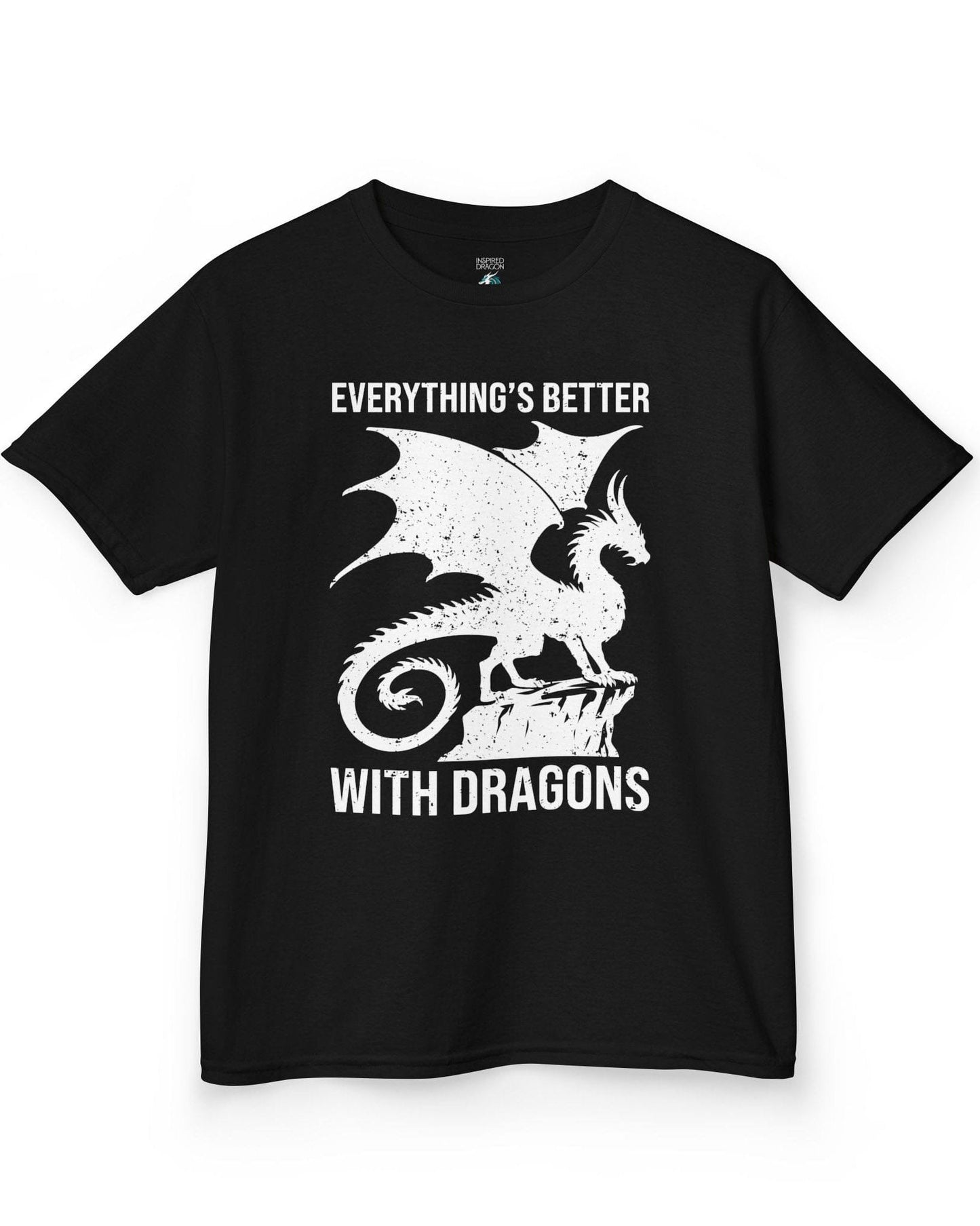 Everything's Better with Dragons shirt in black, featuring a distressed dragon silhouette perched on a rock.