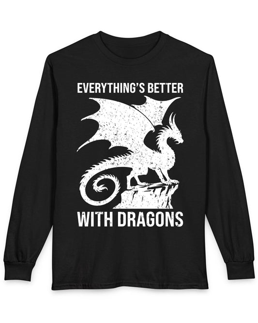 Everything's Better with Dragons shirt in black featuring a distressed dragon silhouette perched on a rock