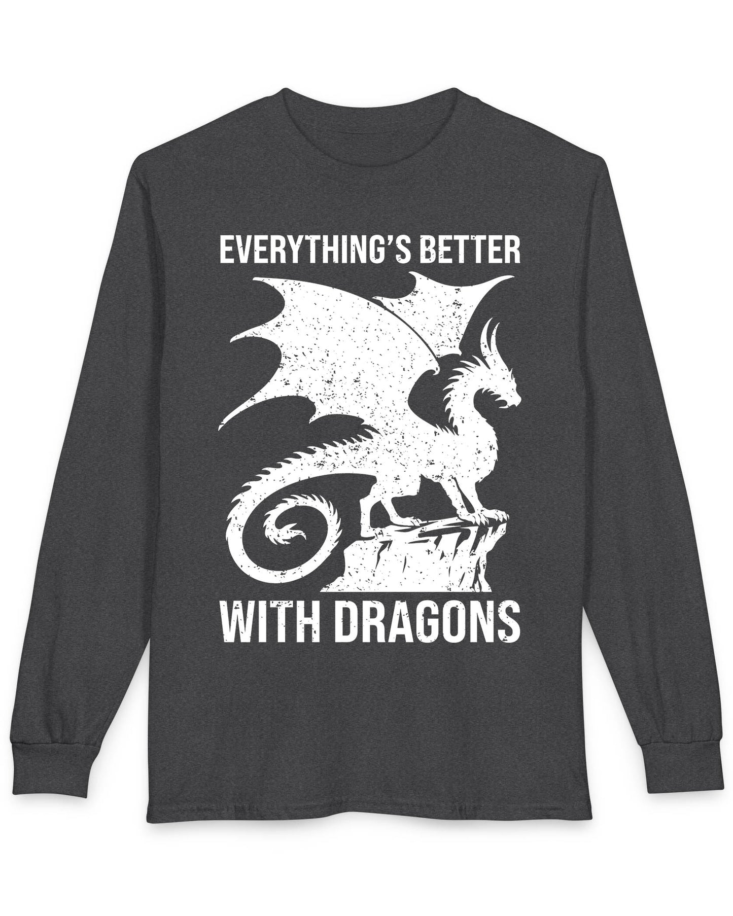 Everything's Better with Dragons shirt in dark heather featuring a distressed dragon silhouette perched on a rock