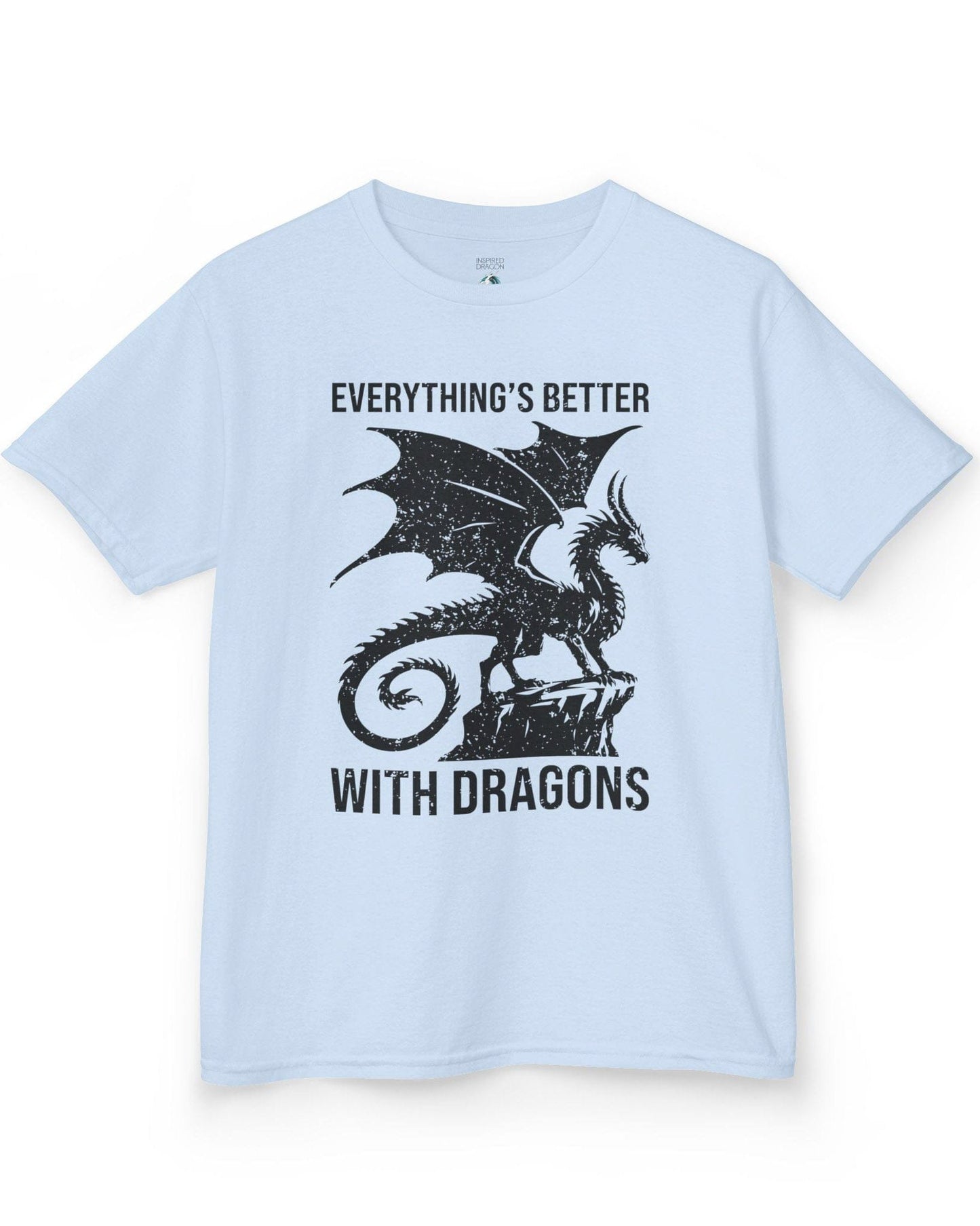 Everything's Better with Dragons shirt in light blue, featuring a distressed dragon silhouette perched on a rock.