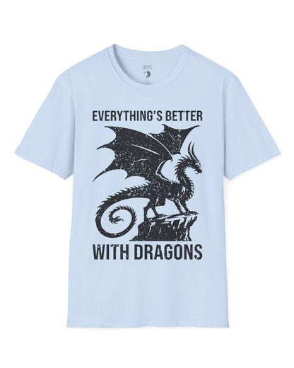 Everything's Better with Dragons shirt in light blue, featuring a distressed dragon silhouette perched on a rock.
