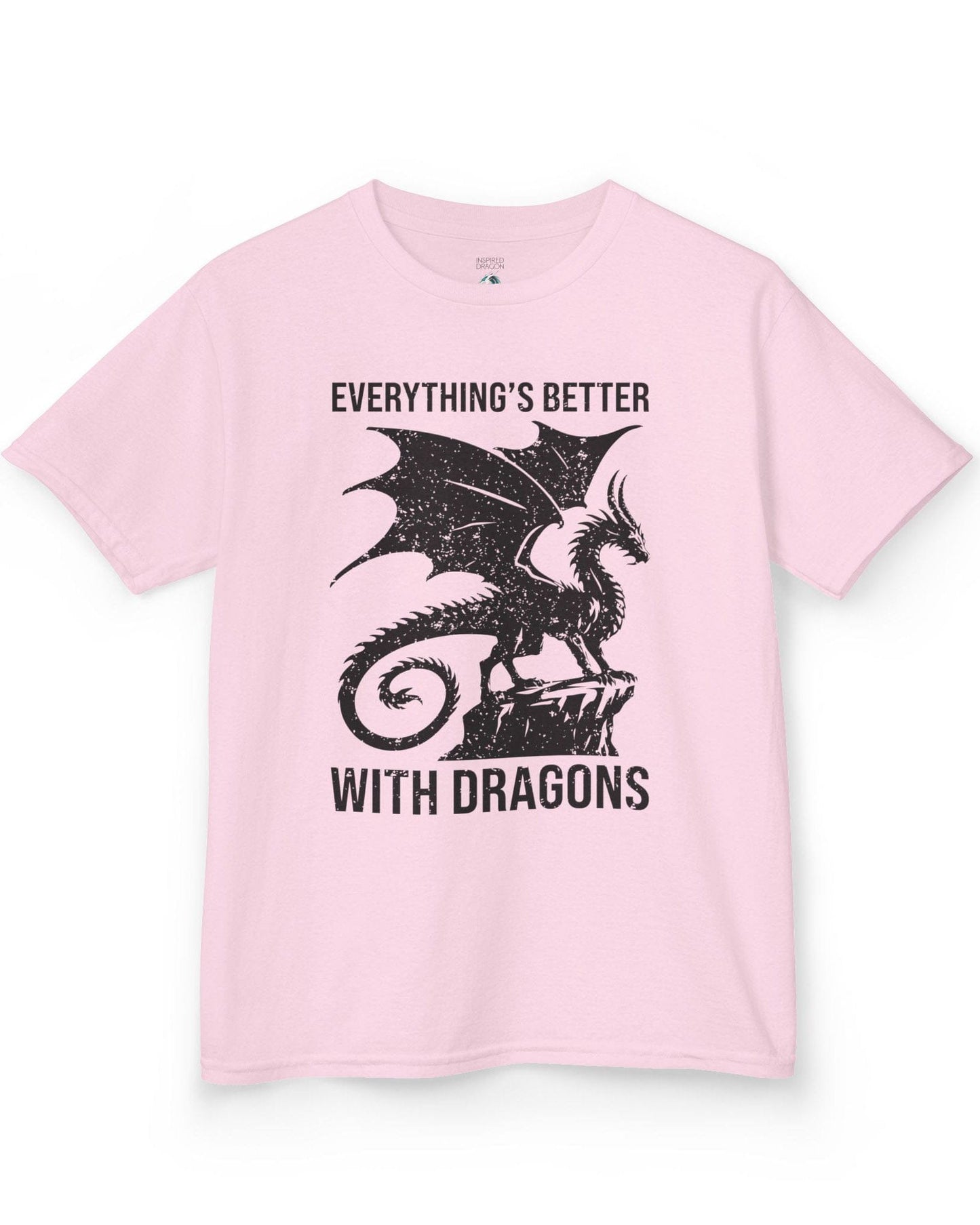 Everything's Better with Dragons shirt in light pink, featuring a distressed dragon silhouette perched on a rock.