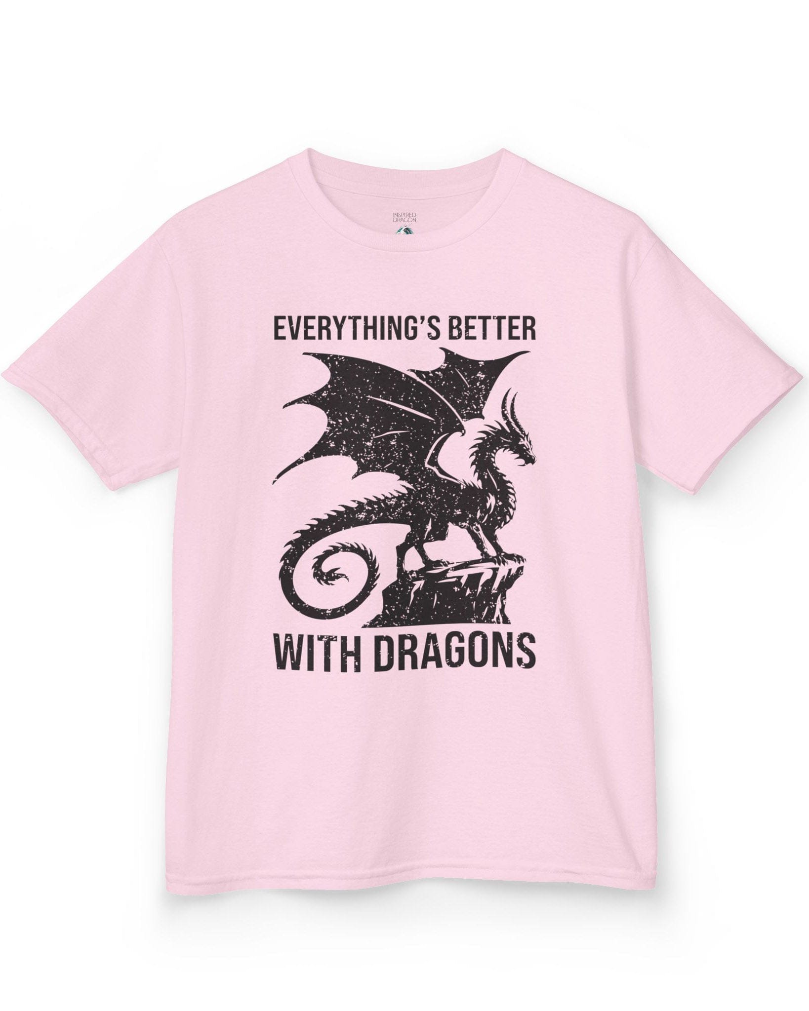 Everything's Better with Dragons shirt in light pink, featuring a distressed dragon silhouette perched on a rock.