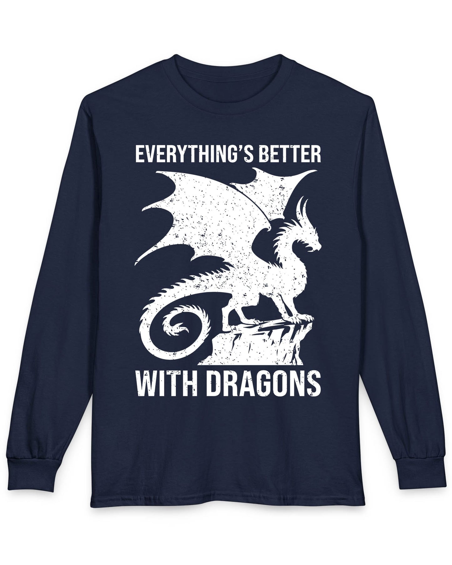 Everything's Better with Dragons shirt in navy featuring a distressed dragon silhouette perched on a rock