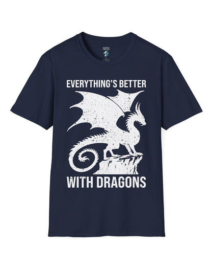 Everything's Better with Dragons shirt in navy, featuring a distressed dragon silhouette perched on a rock.