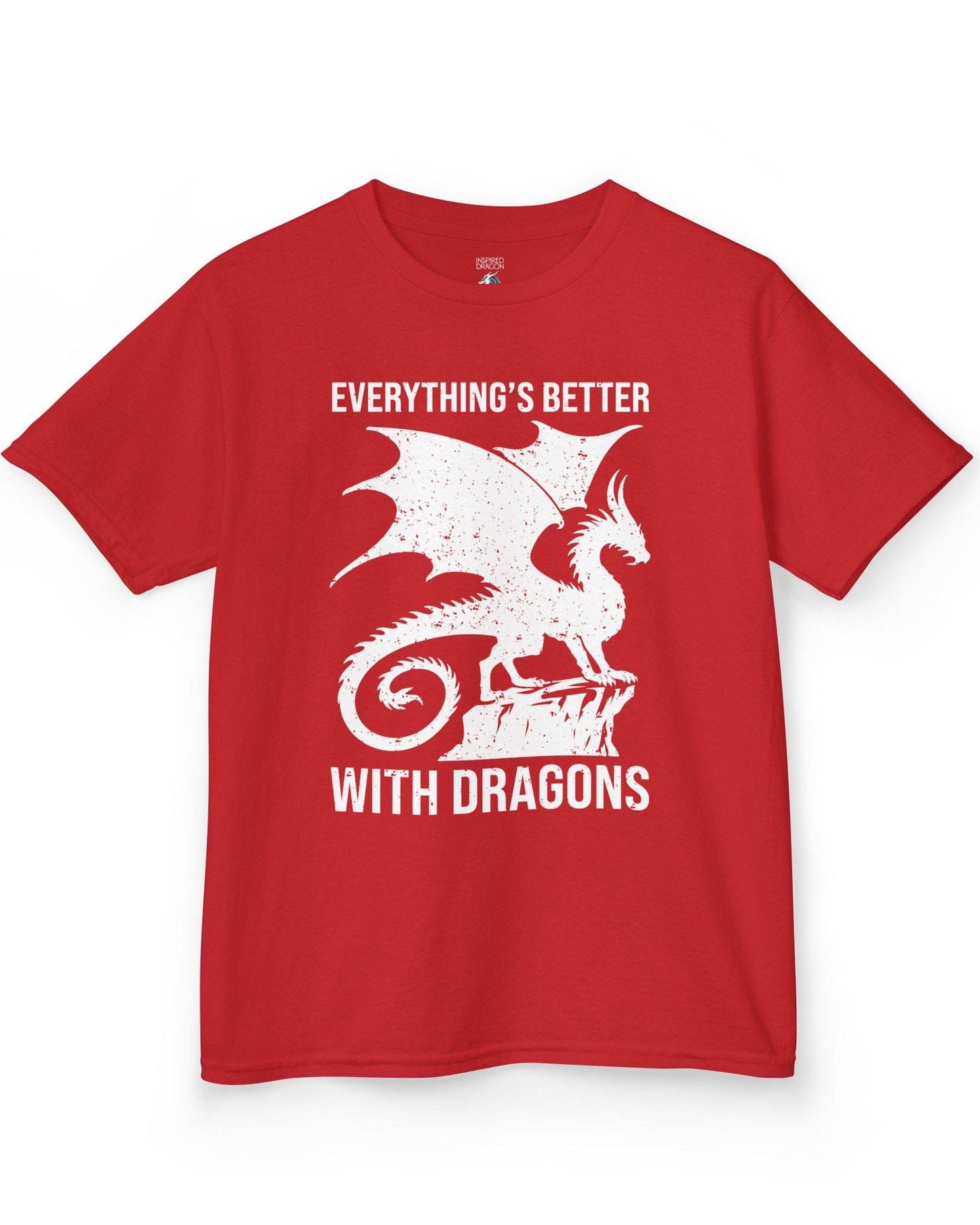 Everything's Better with Dragons shirt in red, featuring a distressed dragon silhouette perched on a rock.