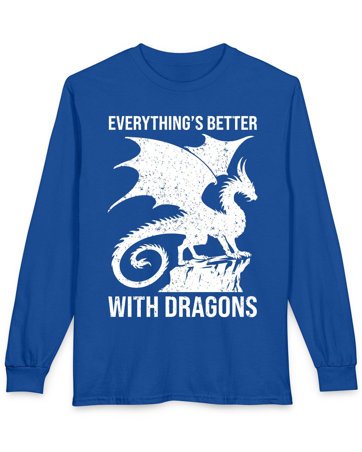 Everything's Better with Dragons shirt in royal blue featuring a distressed dragon silhouette perched on a rock