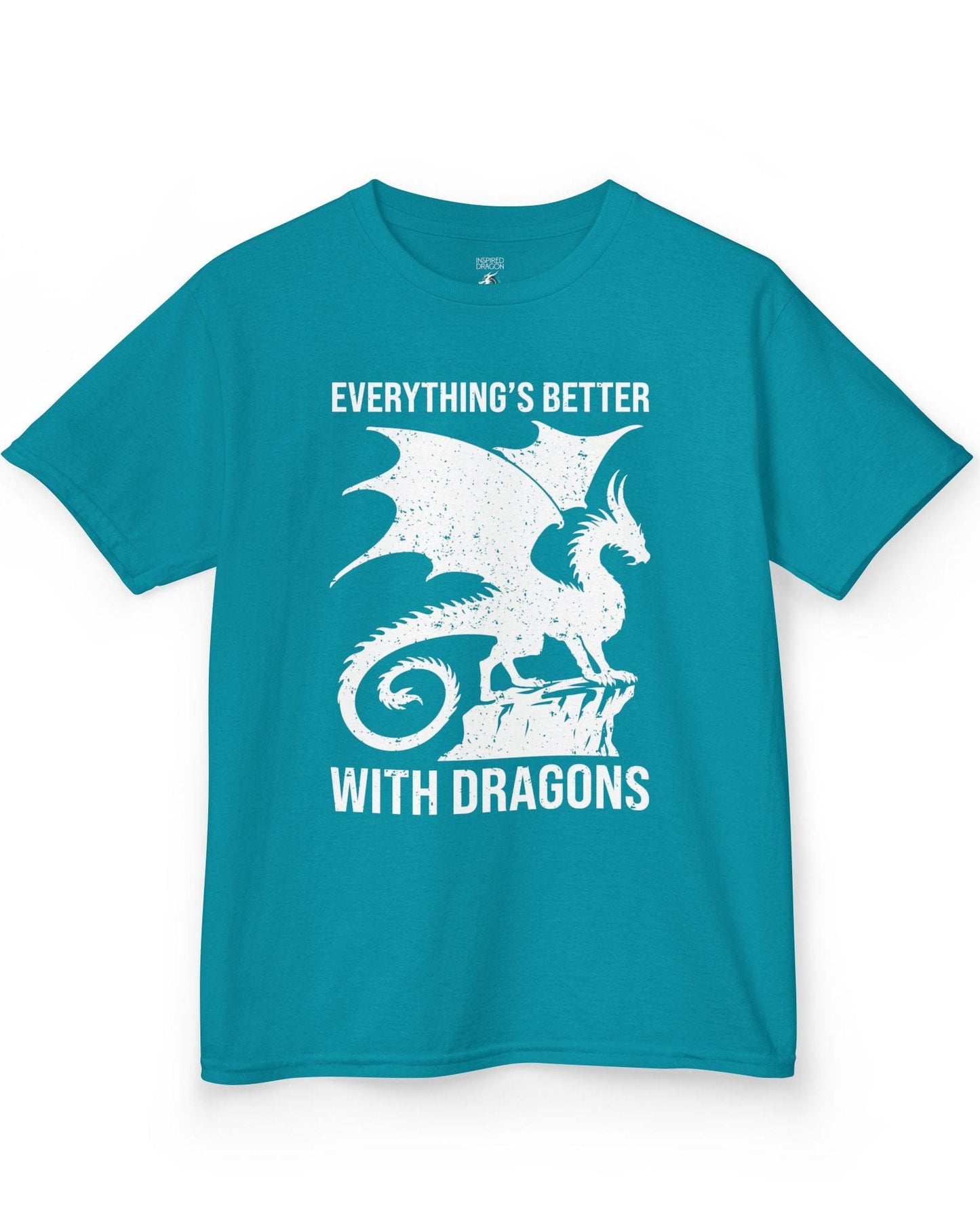 Everything's Better with Dragons shirt in tropical blue, featuring a distressed dragon silhouette perched on a rock.
