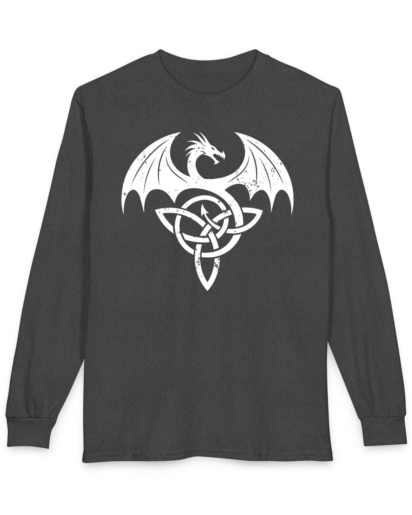Winged Serpent Sigil shirt in dark heather grey, featuring a distressed dragon emblem entwined with a Celtic knot.