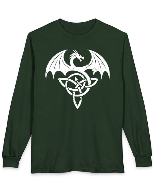Winged Serpent Sigil shirt in forest green, featuring a distressed dragon emblem entwined with a Celtic knot.