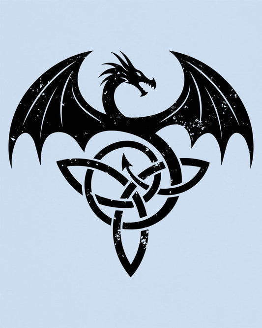 Serpent Sigil shirt in light blue, featuring a distressed dragon emblem entwined with a Celtic knot.