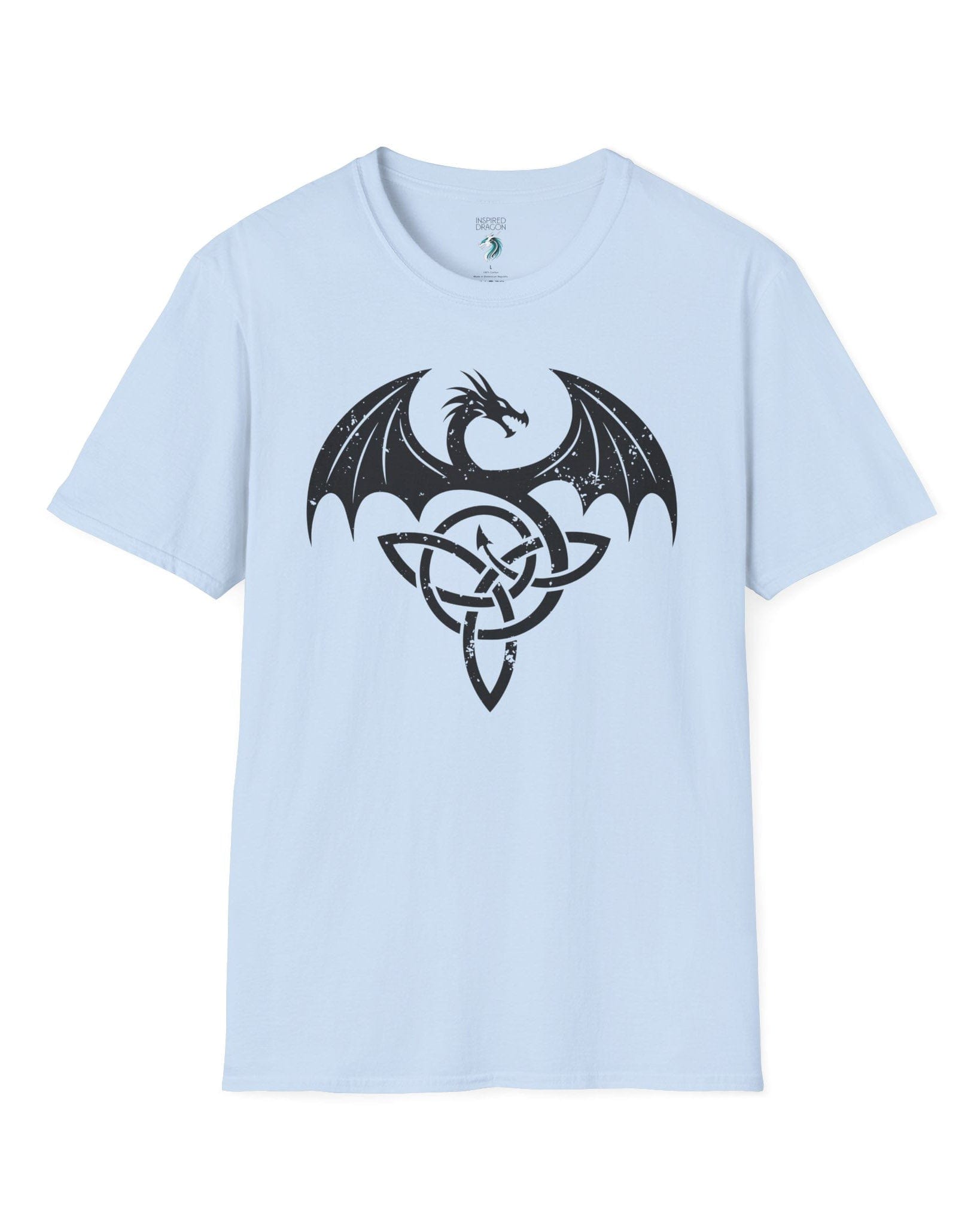 Serpent Sigil shirt in light blue, featuring a distressed dragon emblem entwined with a Celtic knot.
