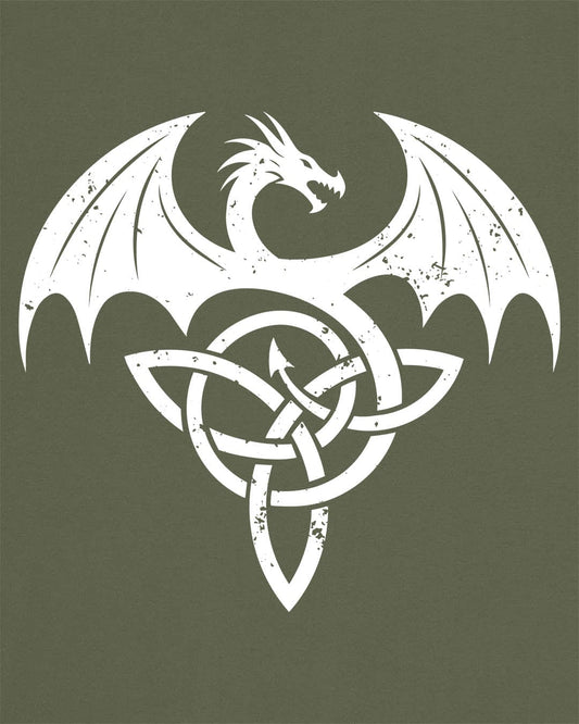 Serpent Sigil shirt in military green, featuring a distressed dragon emblem entwined with a Celtic knot.
