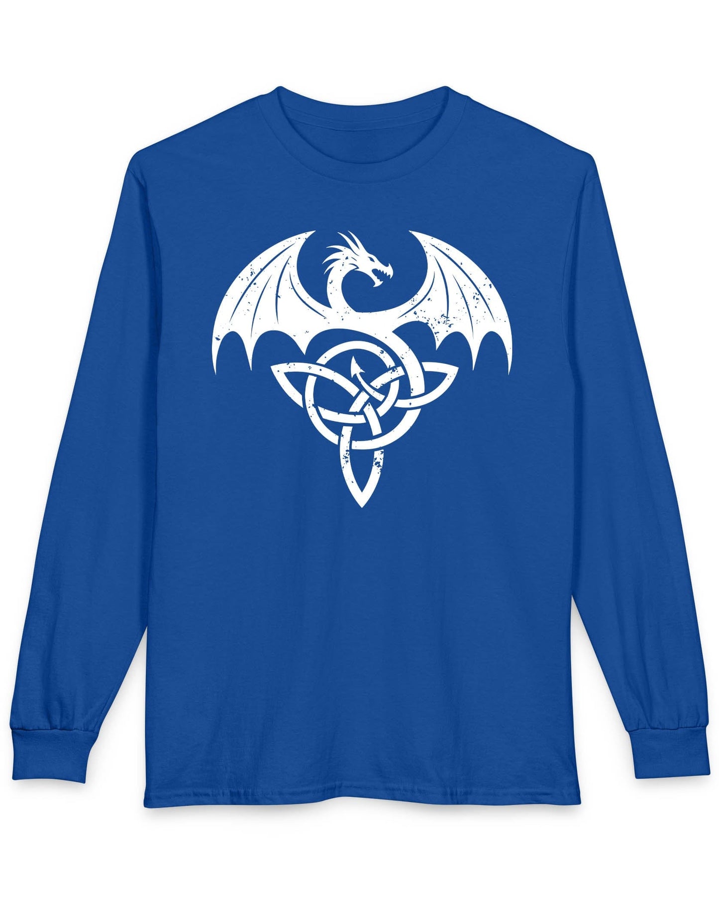 Winged Serpent Sigil shirt in royal blue, featuring a distressed dragon emblem entwined with a Celtic knot.