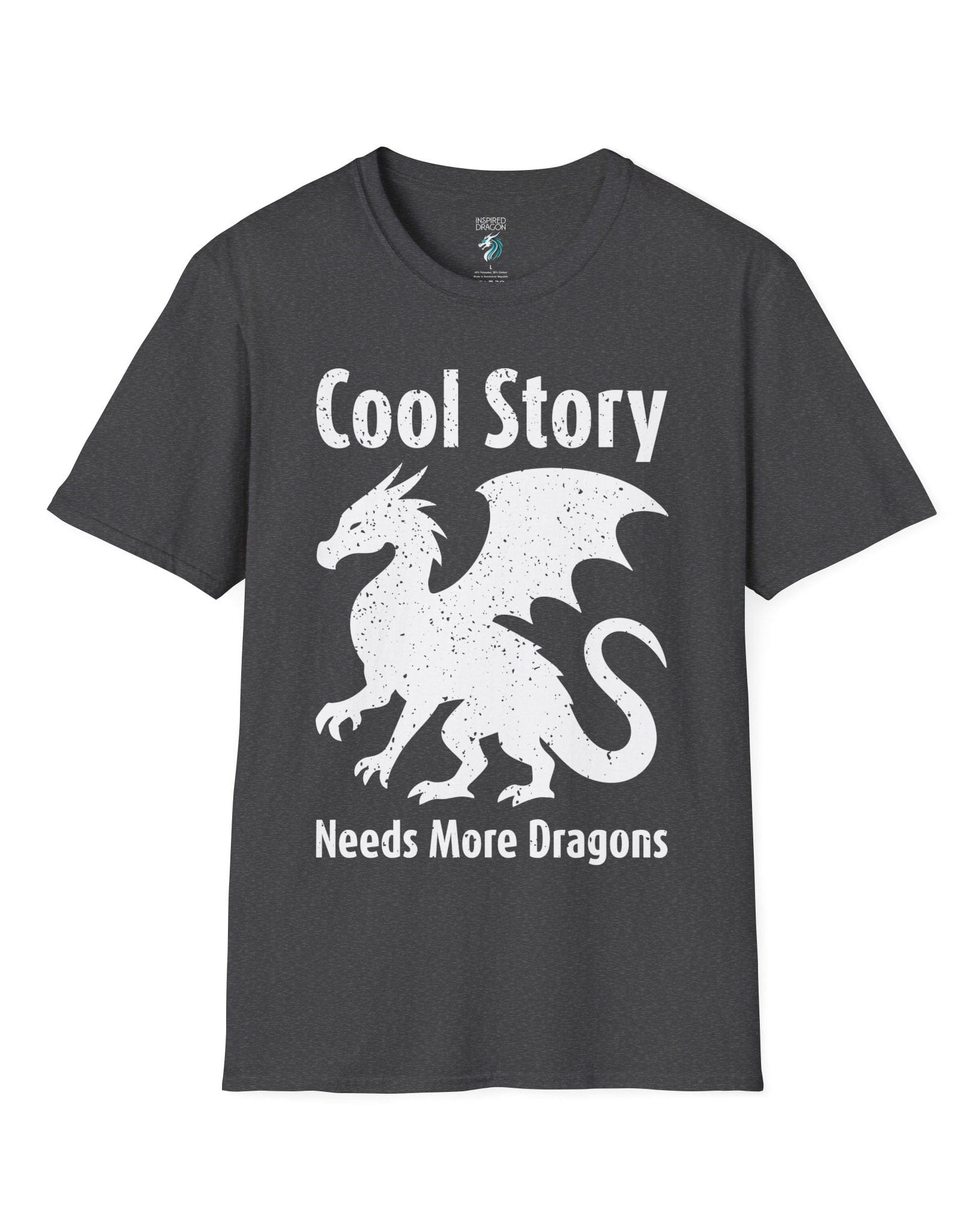 Cool Story, Needs More Dragons shirt in dark heather grey featuring a distressed dragon silhouette with text above and below.