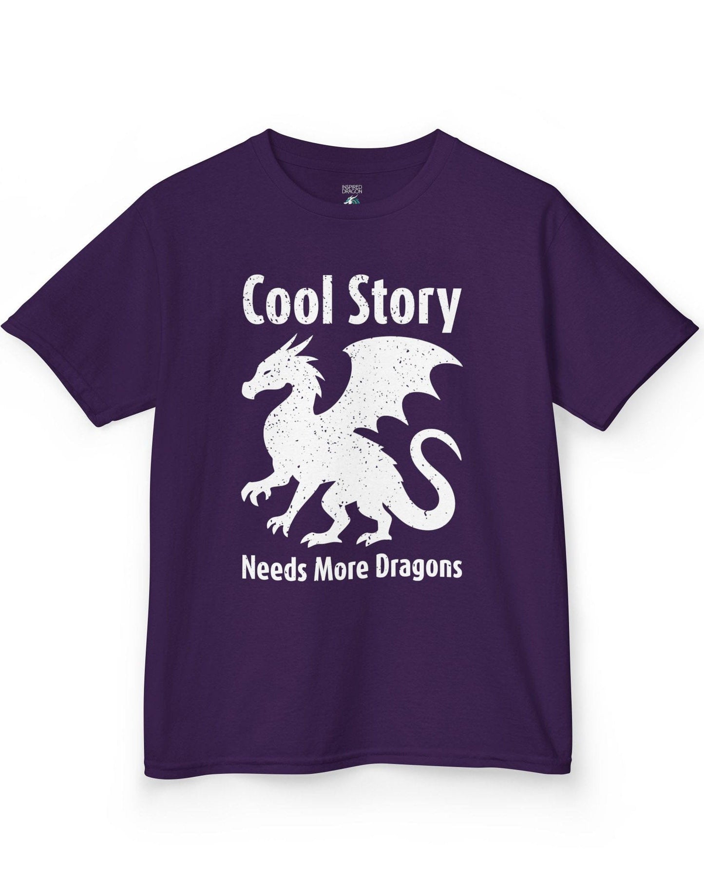 Cool Story, Needs More Dragons shirt in purple featuring a distressed dragon silhouette with text above and below.