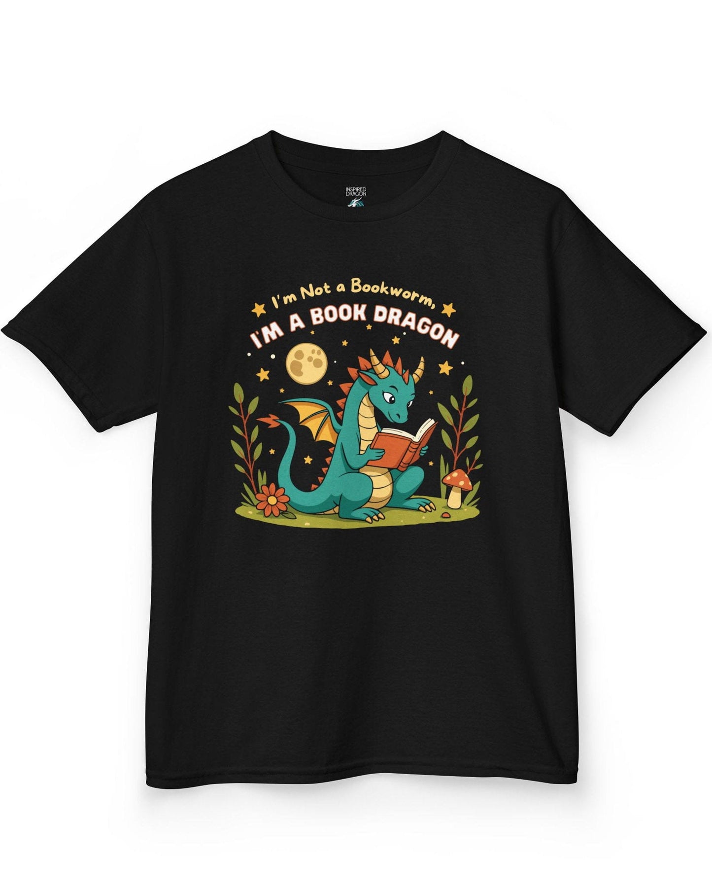 I'm a Book Dragon shirt in black featuring a teal dragon reading under the moonlight with plants and mushrooms.