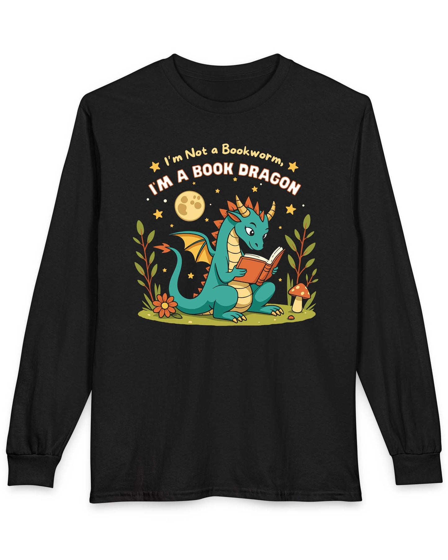 I'm a Book Dragon shirt in black featuring a teal dragon reading under the moonlight with plants and mushrooms