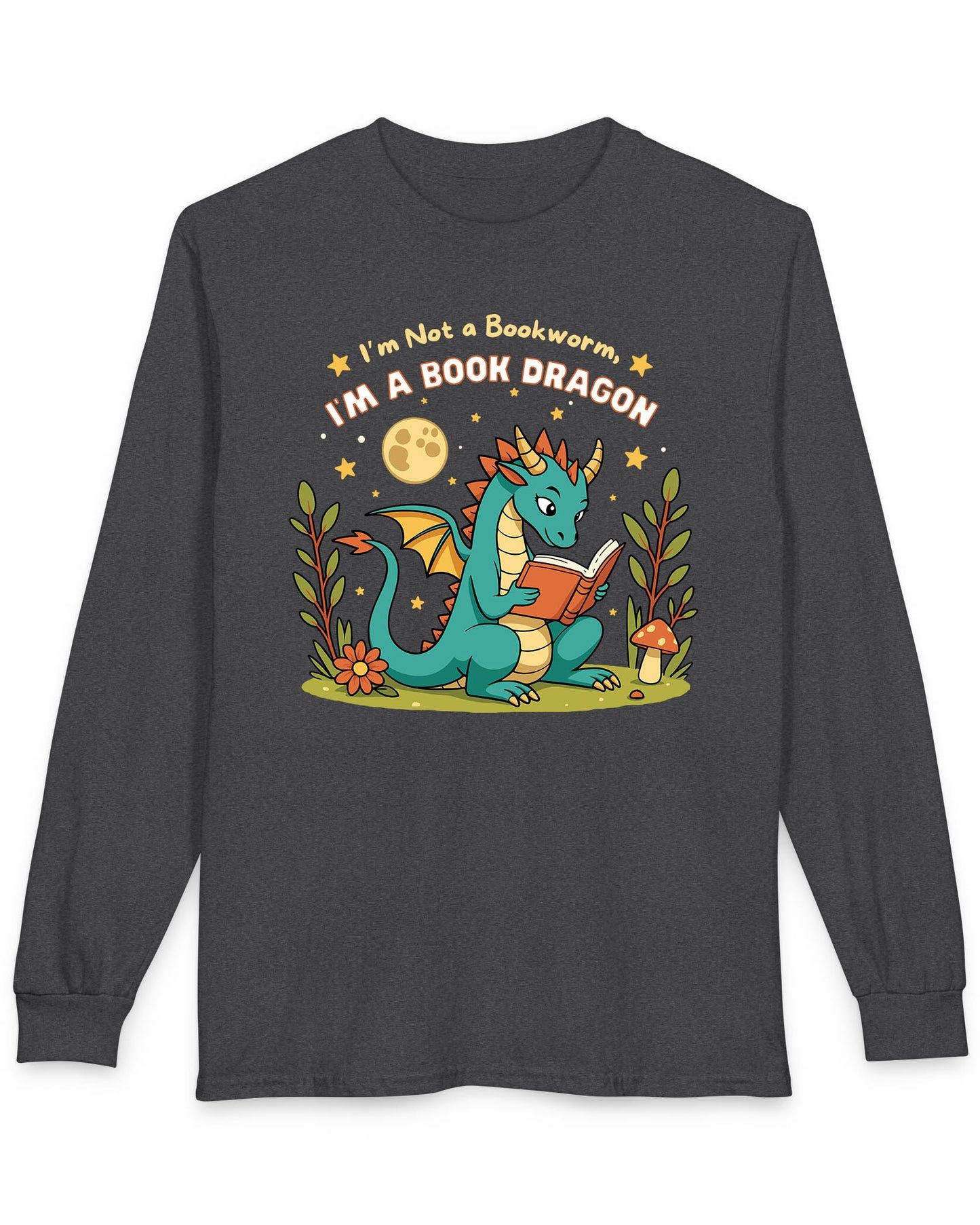 I'm a Book Dragon shirt in dark heather featuring a teal dragon reading under the moonlight with plants and mushrooms