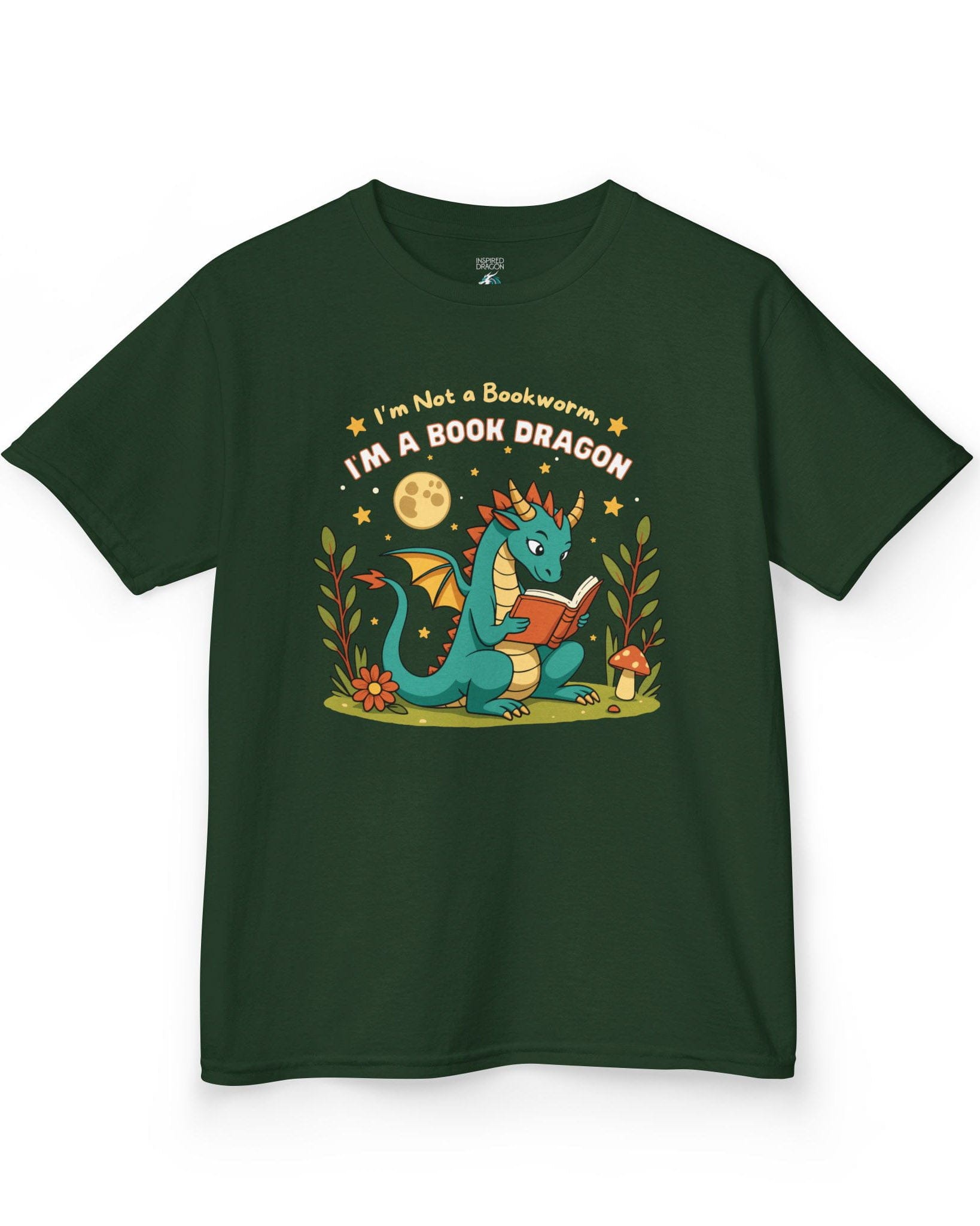 I'm a Book Dragon shirt in forest green featuring a teal dragon reading under the moonlight with plants and mushrooms.