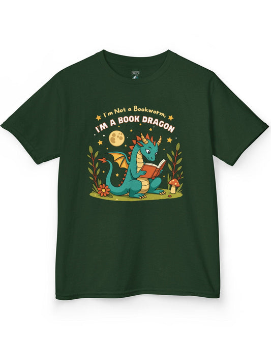 I'm a Book Dragon shirt in forest green featuring a teal dragon reading under the moonlight with plants and mushrooms.