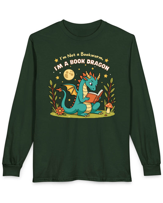 I'm a Book Dragon shirt in forest green featuring a teal dragon reading under the moonlight with plants and mushrooms