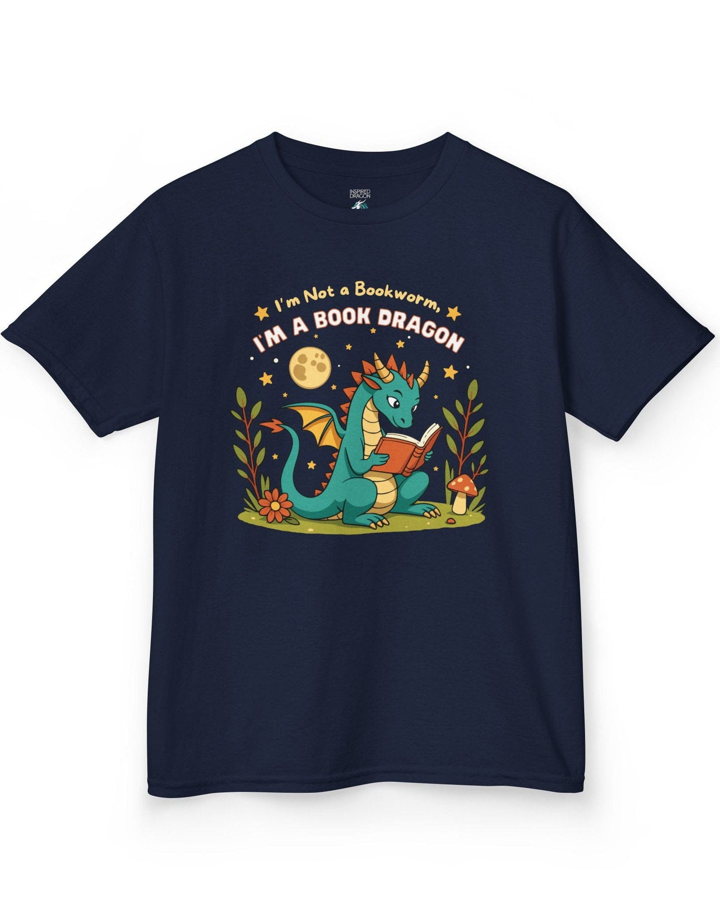 I'm a Book Dragon shirt in navy featuring a teal dragon reading under the moonlight with plants and mushrooms.