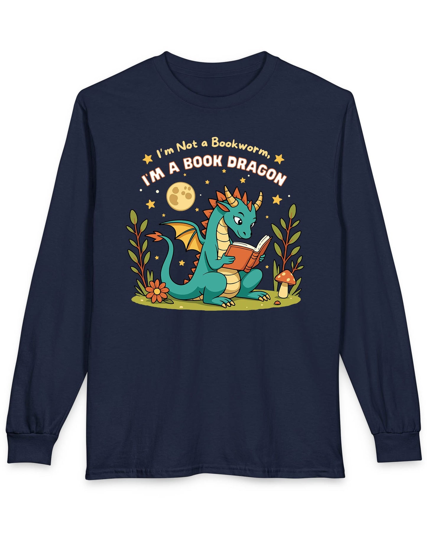 I'm a Book Dragon shirt in navy featuring a teal dragon reading under the moonlight with plants and mushrooms
