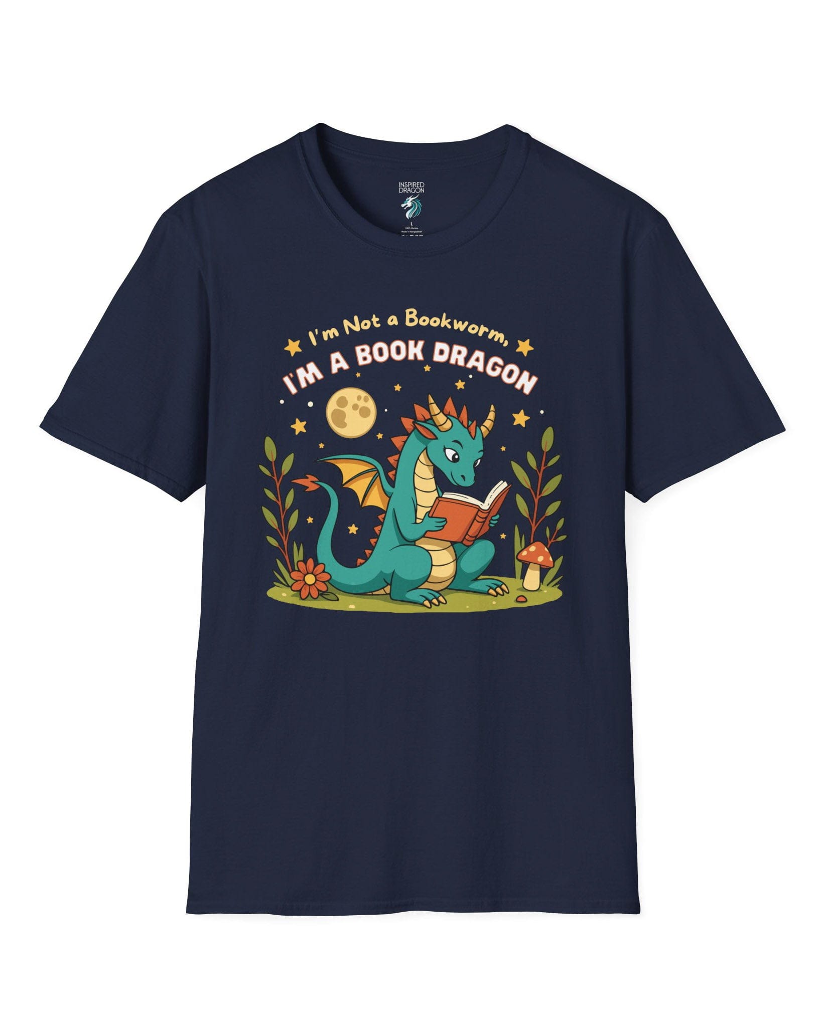 I'm a Book Dragon shirt in navy featuring a teal dragon reading under the moonlight with plants and mushrooms.