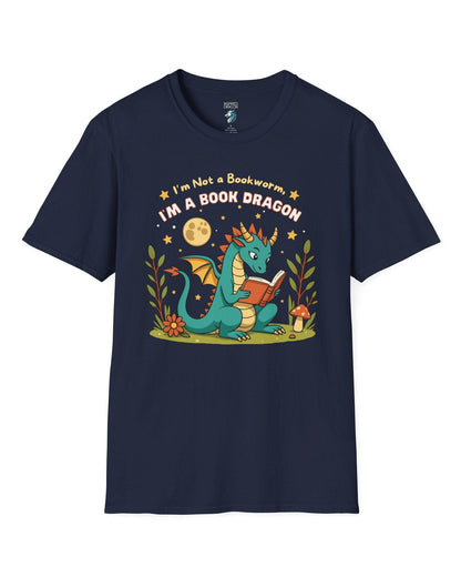 I'm a Book Dragon shirt in navy featuring a teal dragon reading under the moonlight with plants and mushrooms.