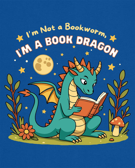 I'm a Book Dragon shirt in royal blue featuring a teal dragon reading under the moonlight with plants and mushrooms.