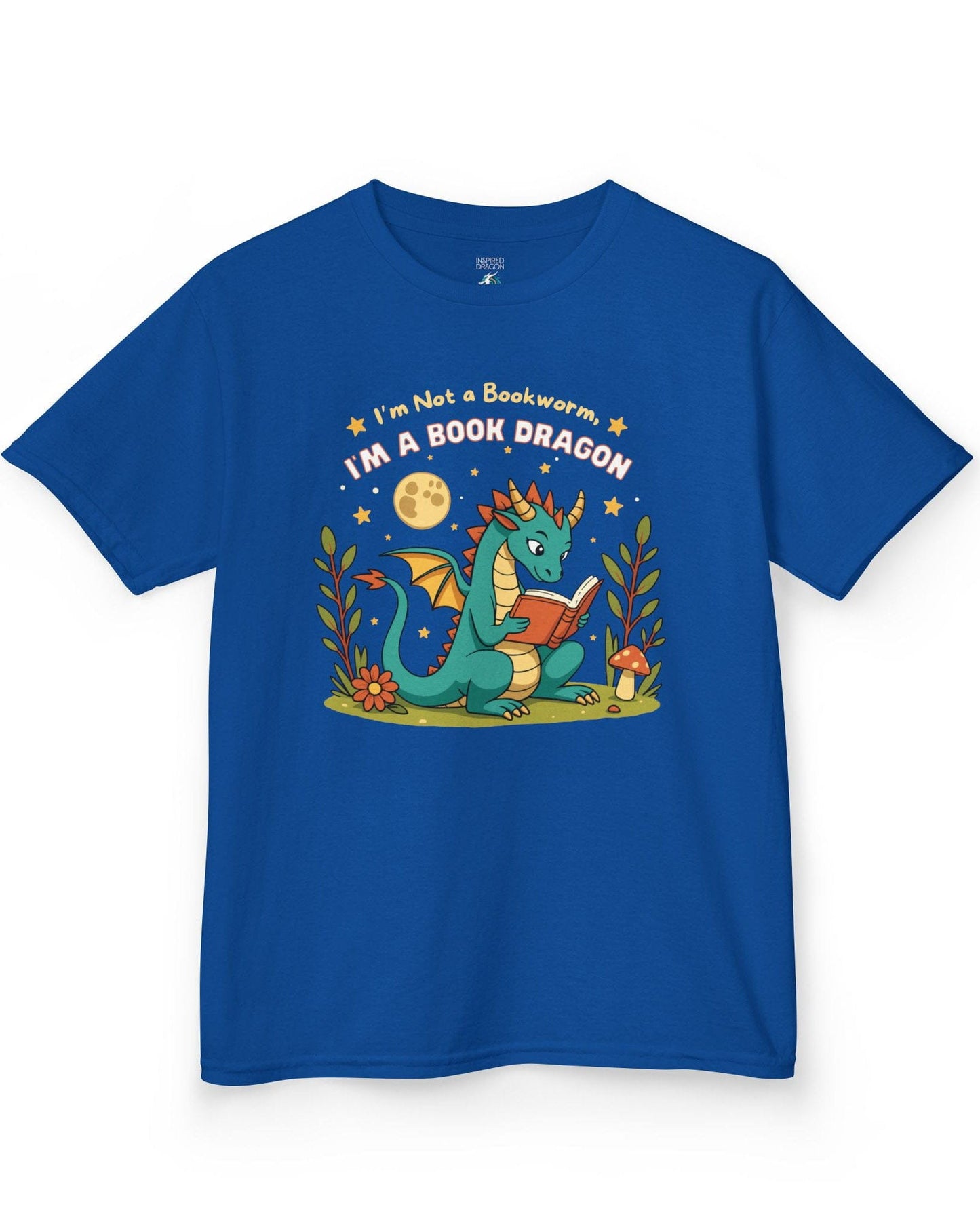 I'm a Book Dragon shirt in royal blue featuring a teal dragon reading under the moonlight with plants and mushrooms.