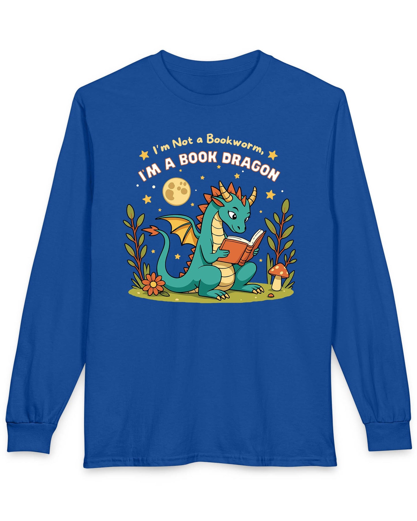 I'm a Book Dragon shirt in royal blue featuring a teal dragon reading under the moonlight with plants and mushrooms