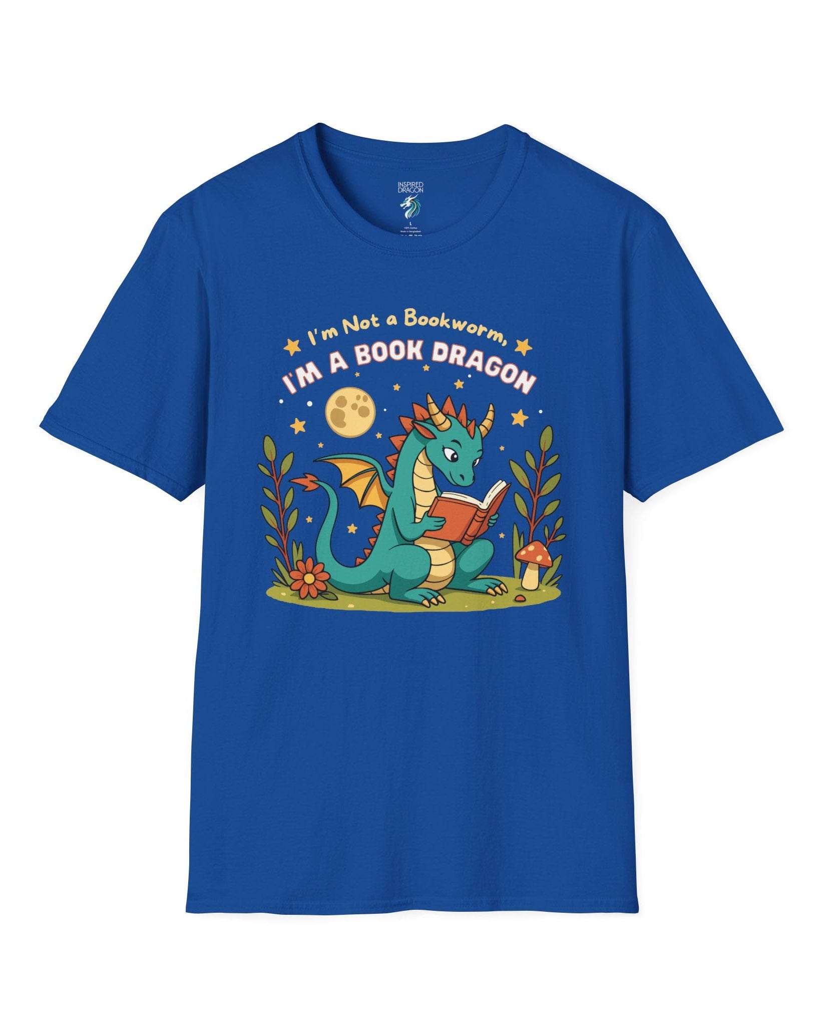 I'm a Book Dragon shirt in royal blue featuring a teal dragon reading under the moonlight with plants and mushrooms.