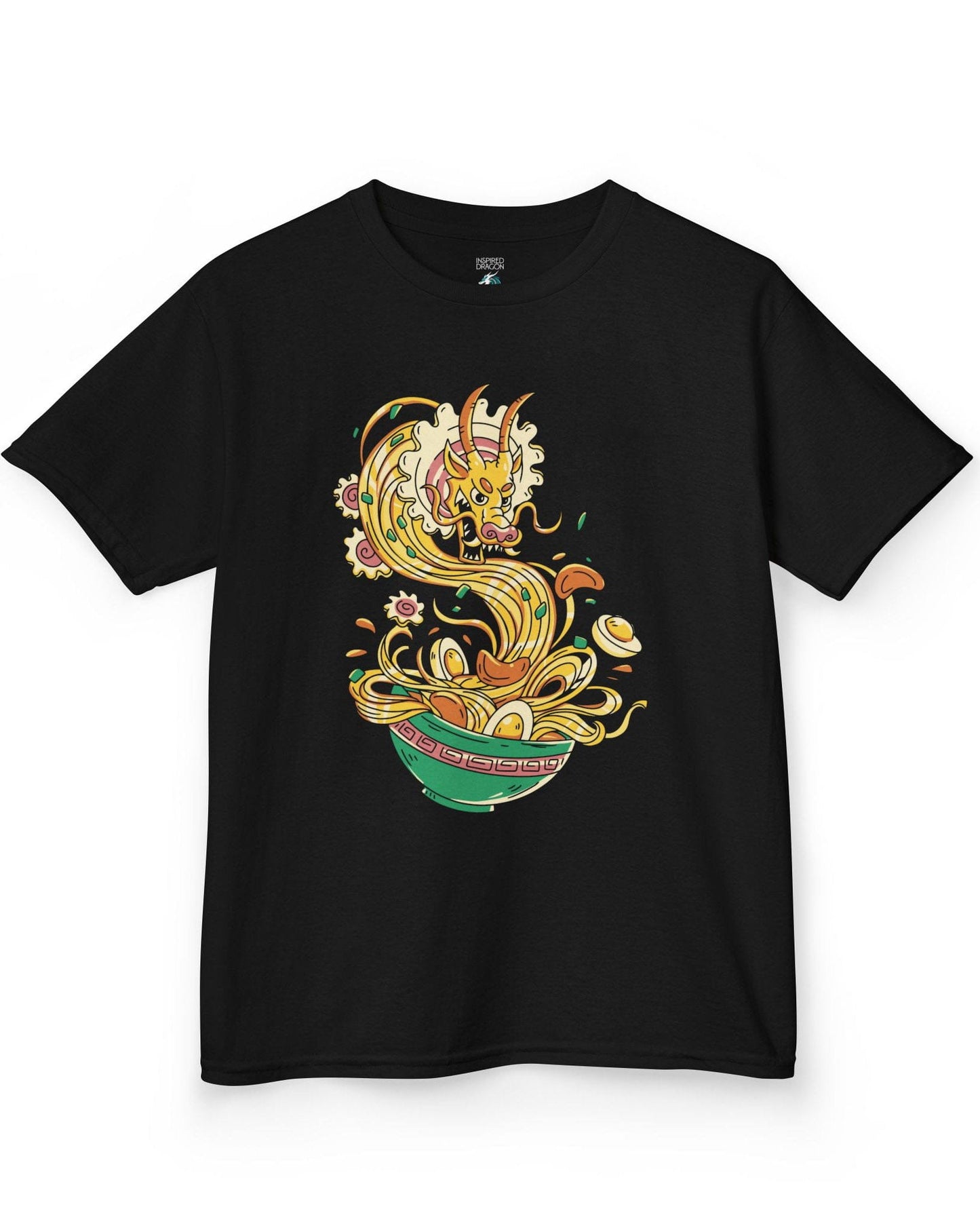 Ramen Rampage shirt in black featuring a fierce dragon bursting from a bowl of noodles, eggs, and toppings.
