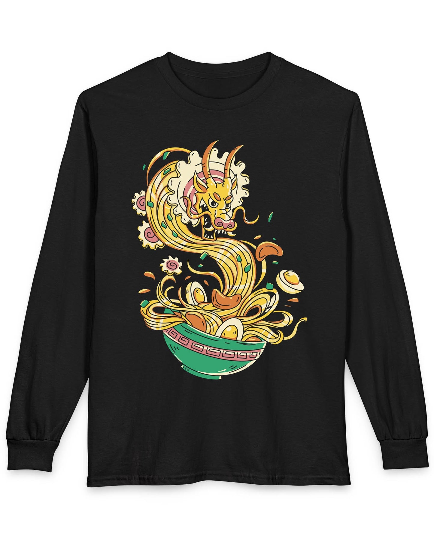 Ramen Rampage shirt in black featuring a fierce dragon bursting from a bowl of noodles, eggs, and toppings