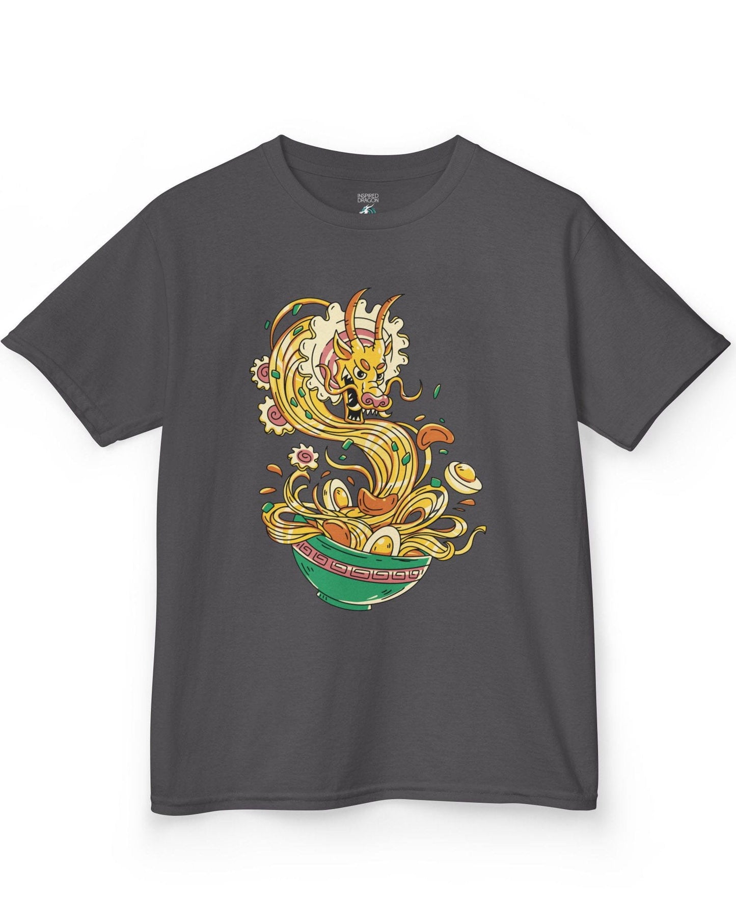 Ramen Rampage shirt in charcoal featuring a fierce dragon bursting from a bowl of noodles, eggs, and toppings.