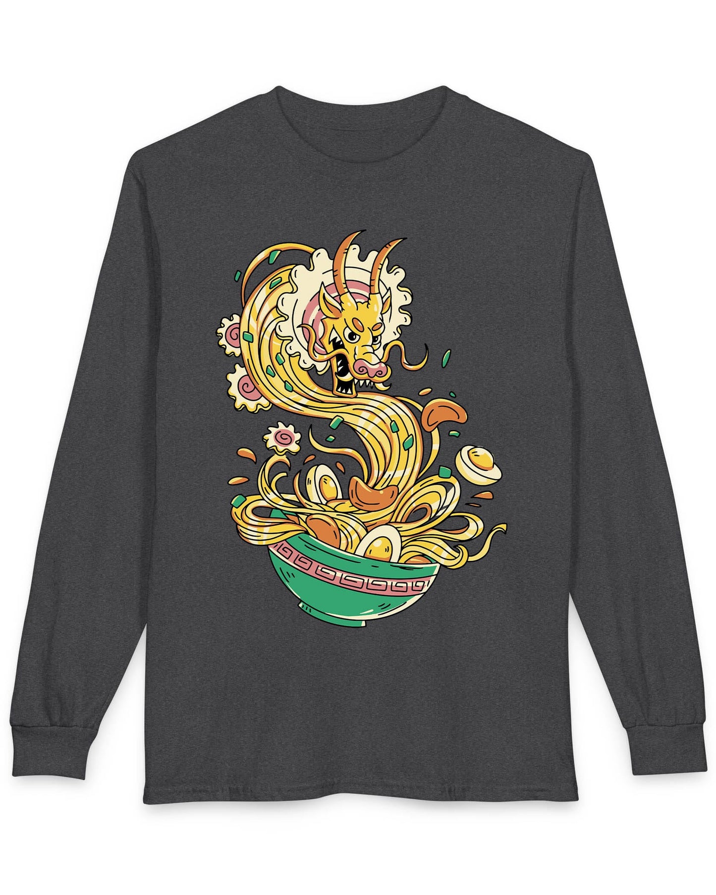 Ramen Rampage shirt in dark heather featuring a fierce dragon bursting from a bowl of noodles, eggs, and toppings