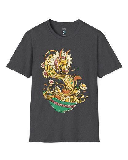 Ramen Rampage shirt in dark heather grey featuring a fierce dragon bursting from a bowl of noodles, eggs, and toppings.